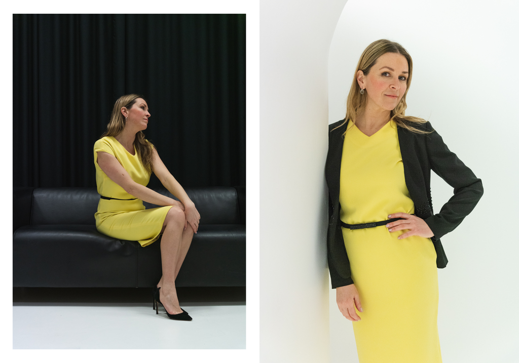 bold statement pencil dress yellow wool