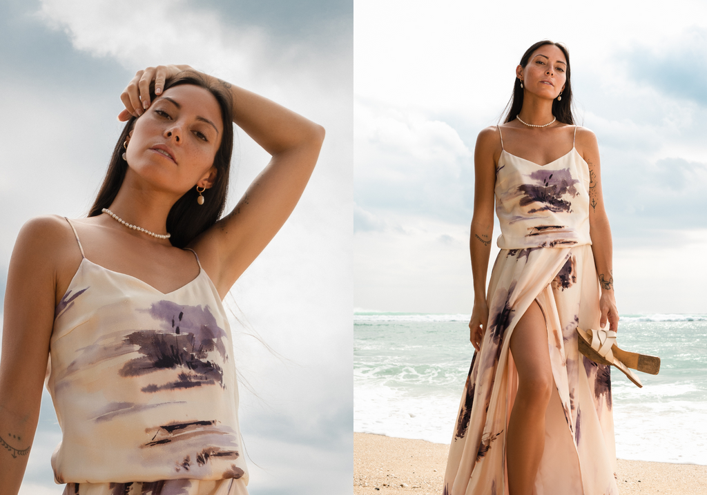 woman wearing a silk maxi dress on the beach