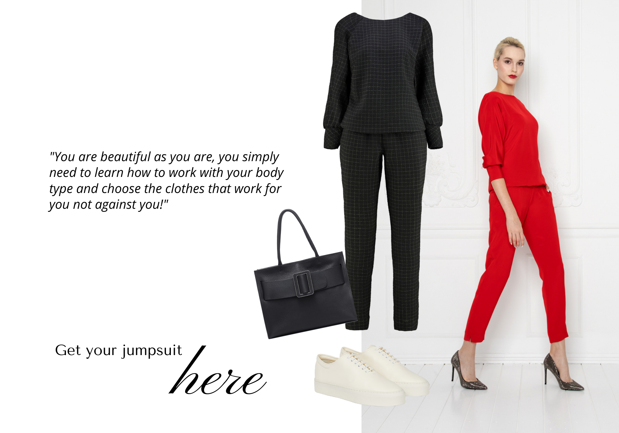 womens red jumpsuit and black jumpsuit with styling