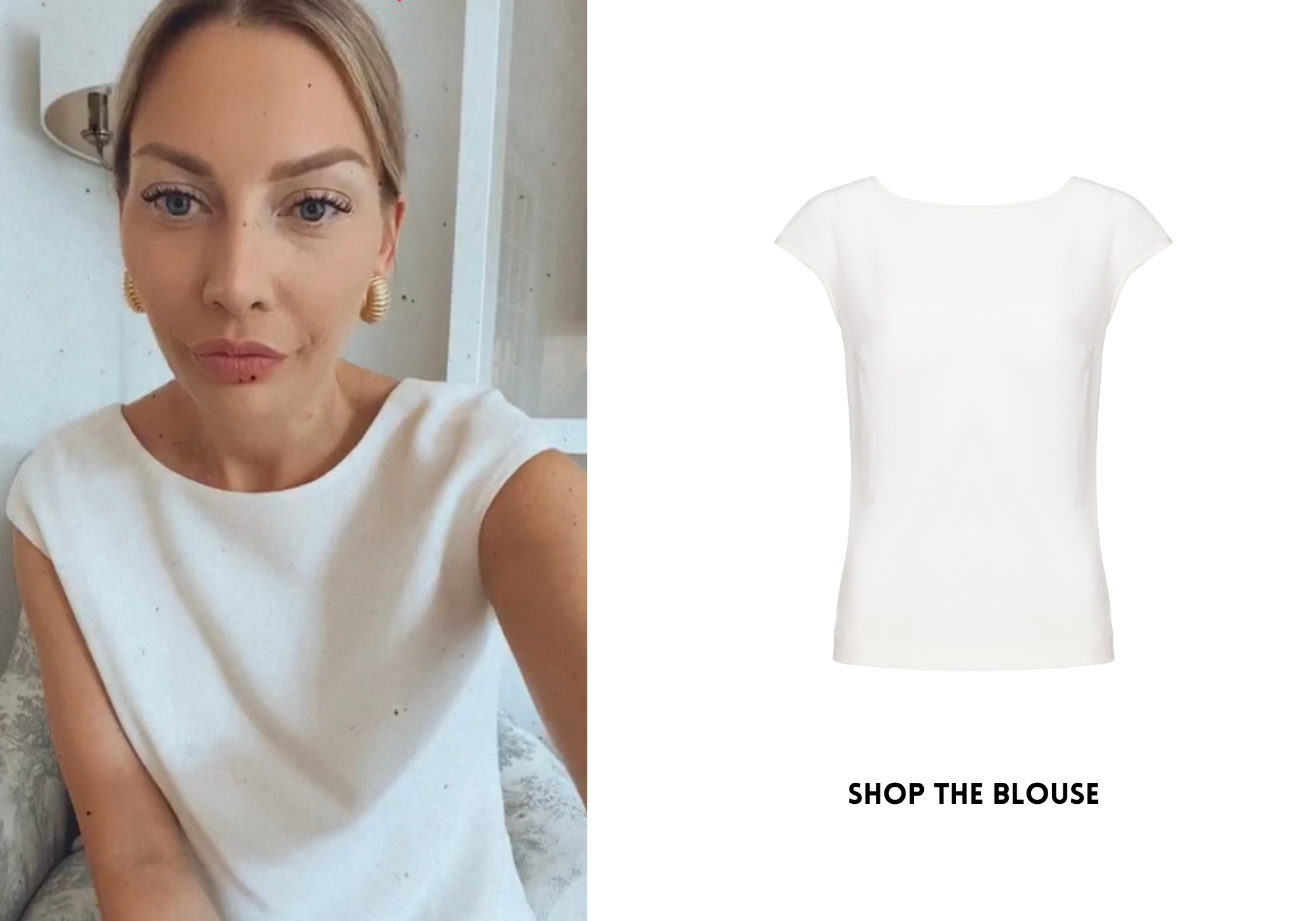 Anna Bey wearing simple white blouse