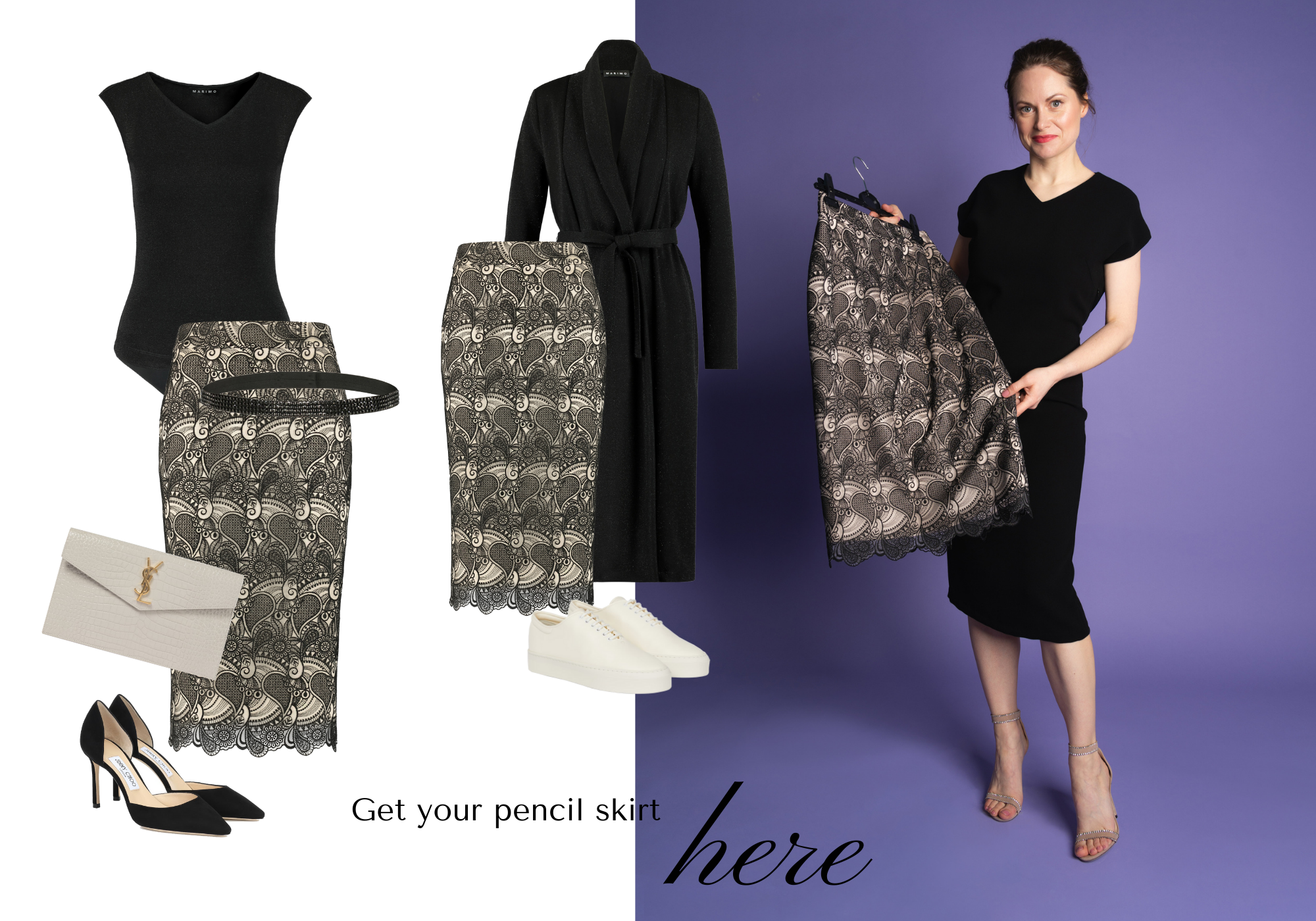 women's lace pencil skirt with bodysuit and cardigan styling options