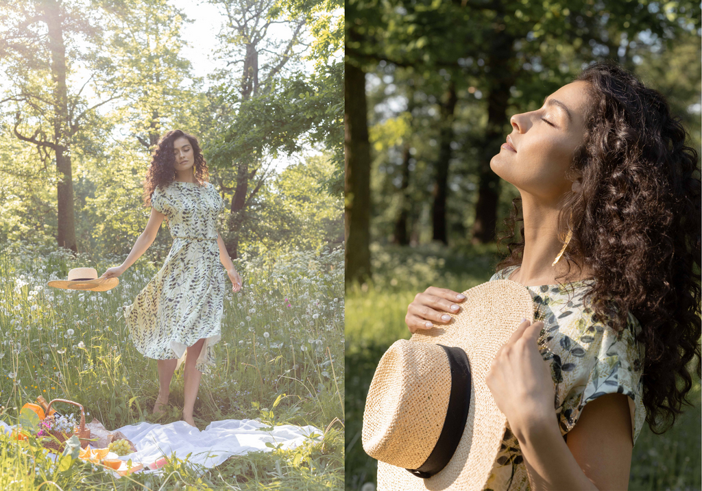 wearing a silk a-line summer dress