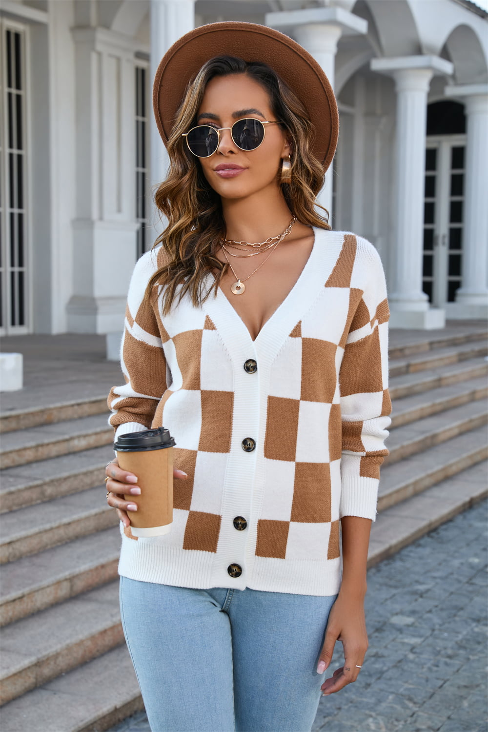 Button-Up Plaid Dropped Shoulder Cardigan