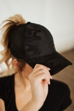 Black Camo Ponytail Cap Hat