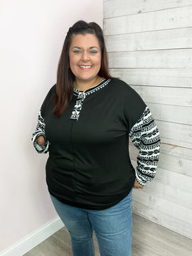 "Try Again" Aztec Long Sleeve Black Top