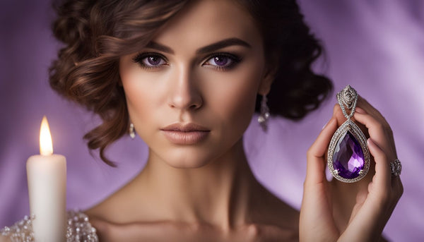 An elegant woman holding a pendant with a large amethyst stone.