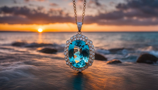 A photo of a shimmering aquamarine pendant necklace with a serene ocean sunset backdrop.