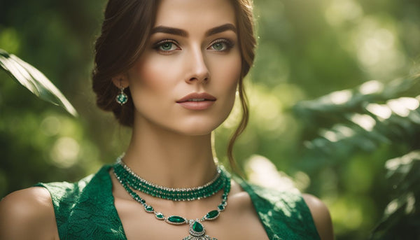 A woman wearing an emerald necklace surrounded by lush greenery.