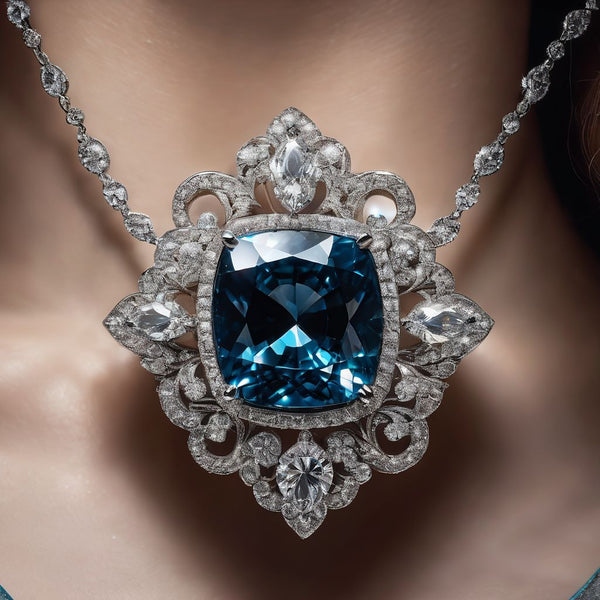 A stunning blue diamond set in an elegant necklace.