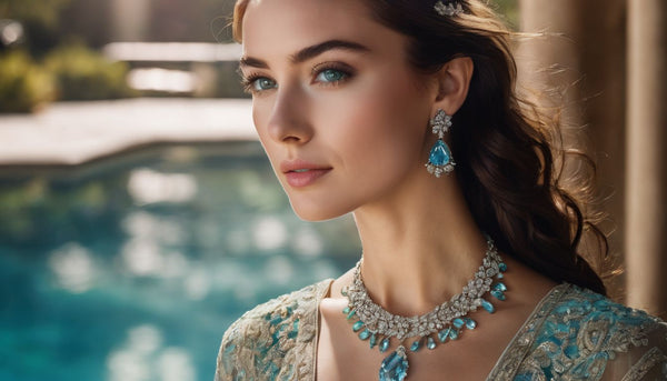 An elegant woman wearing an aquamarine pendant near a clear pool.