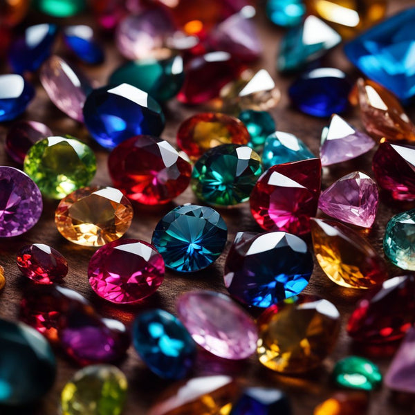 Close-up of a vibrant multi-colored gemstone collection with various faces and styles.