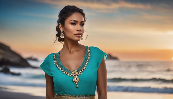 A confident woman wearing an aquamarine necklace poses for a portrait.