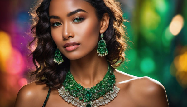 A woman wearing a green tourmaline necklace in a vibrant setting.