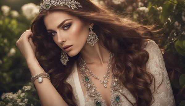 Stunning model showcases a variety of gemstone jewelry in a garden.