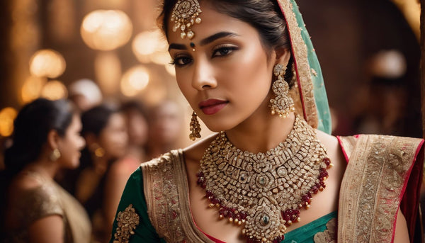 A woman wearing a stunning diamond necklace surrounded by vibrant jewelry.