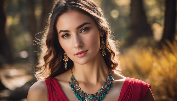 A woman wearing a colorful gemstone necklace surrounded by natural elements.