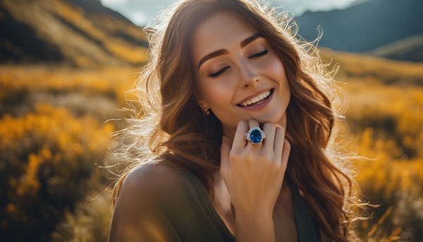 A woman wearing a sapphire engagement ring enjoying outdoor activities.