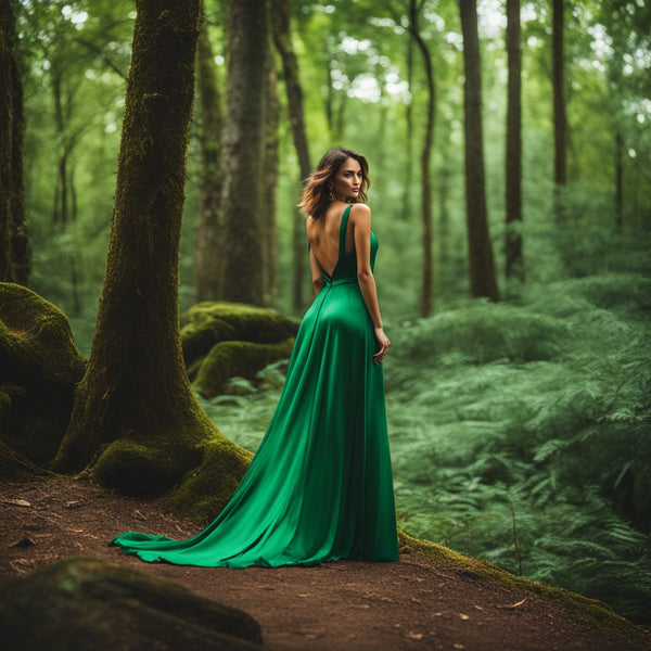 A model wearing an emerald gown poses in a lush forest.