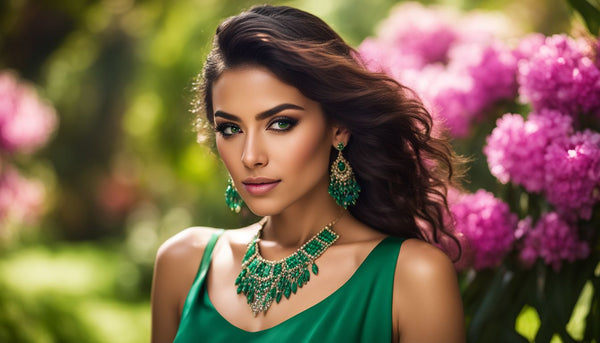 A woman wearing an emerald necklace stands in a lush garden.