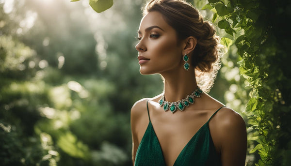 A woman wearing emerald jewelry stands in a lush green garden.