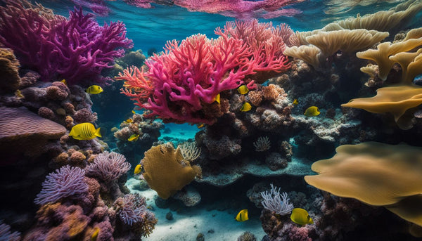 An underwater shot of vibrant coral reefs with diverse marine life.