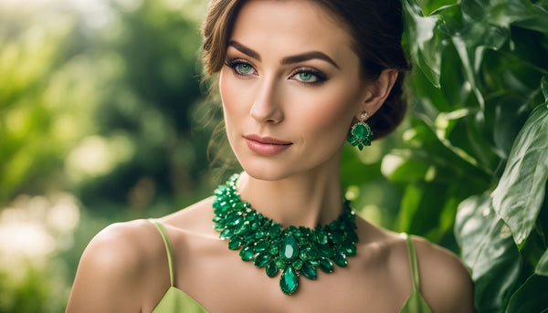 A woman wearing an elegant emerald necklace stands in a lush green garden.