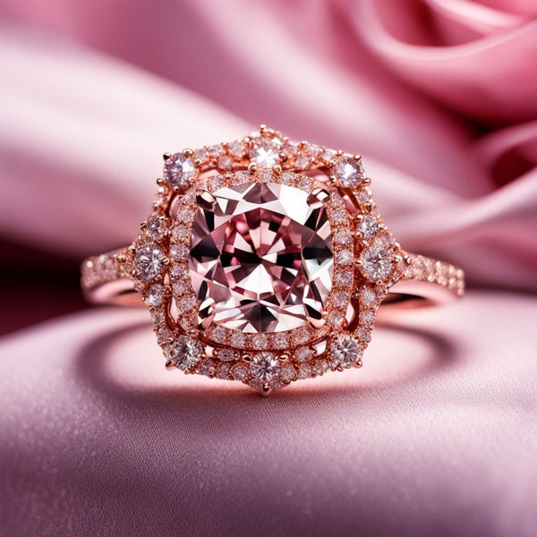 A close-up of a sparkling pink diamond ring on a velvet cushion.
