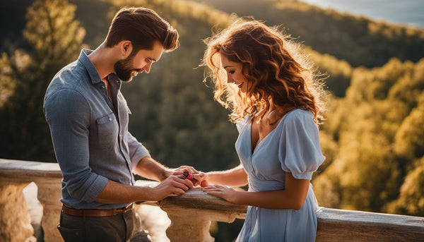 A couple embraces on a scenic overlook, showcasing a ruby engagement ring.