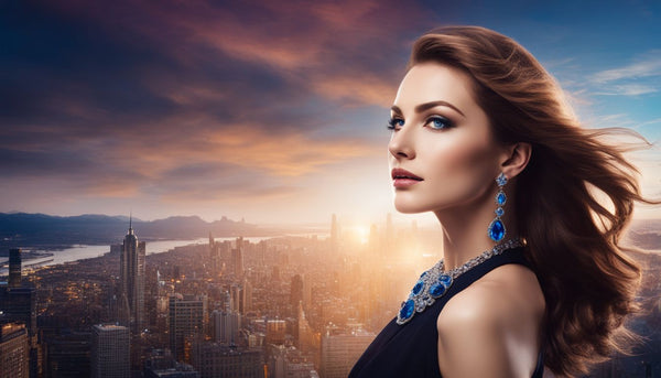 A woman wearing a striking sapphire necklace in front of a city skyline.