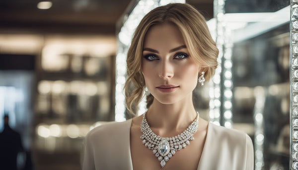 A woman wearing a stunning diamond necklace in a busy environment.