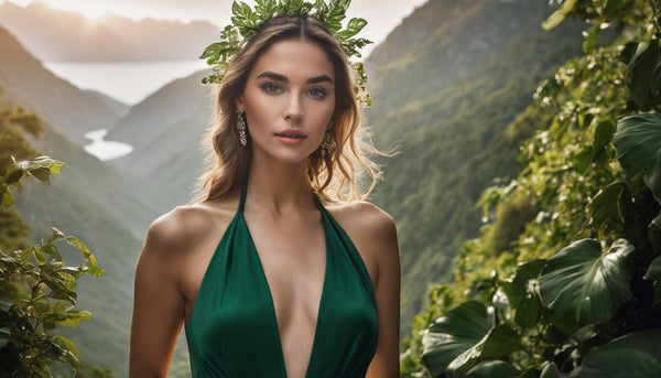 A model wearing emerald jewelry posing in lush greenery.