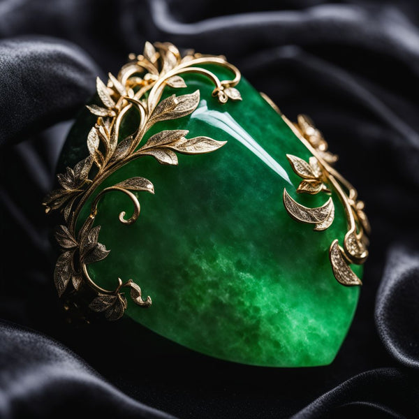 Close-up photo of a vibrant green jadeite gemstone on black velvet.