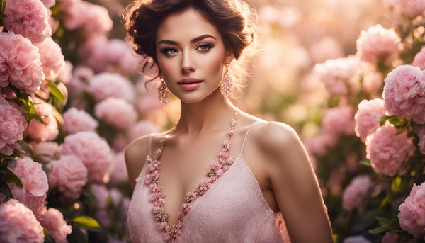 A woman wearing a delicate morganite necklace surrounded by blooming flowers.