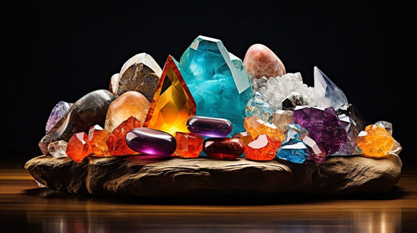 A still life photograph featuring a crystal display stand with vibrant semi precious stones.