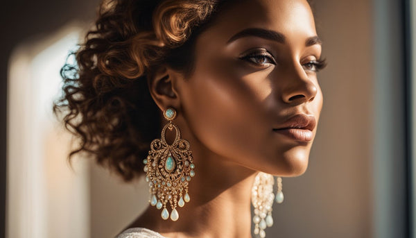 A woman wearing opal earrings is shown in vibrant detail.