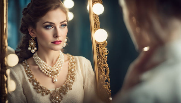 A woman wearing a pearl necklace gazes at her reflection.