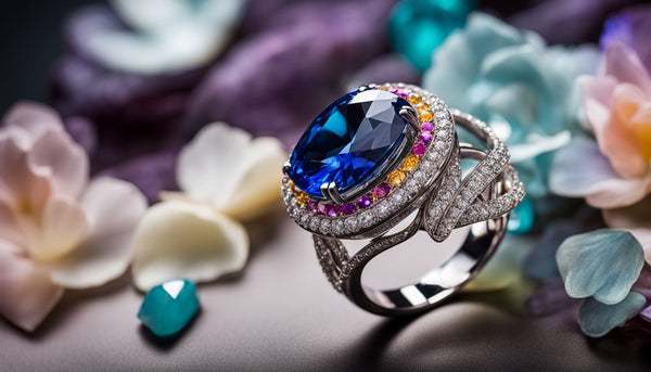 A vibrant still life photo featuring a sparkling sapphire ring and colorful gemstones.