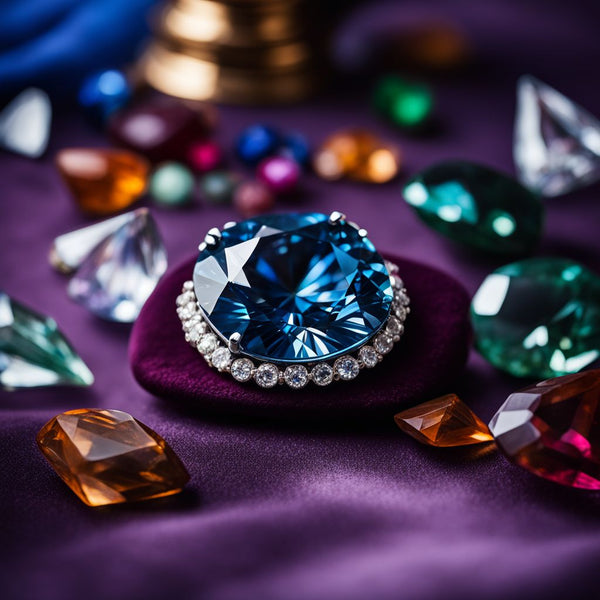 A rare blue diamond surrounded by precious gemstones in a vibrant still life arrangement.
