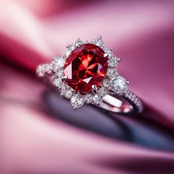 A stunning red diamond set in an elegant platinum ring.