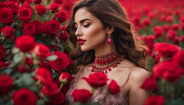 A woman wearing a ruby necklace stands in a field of red roses.