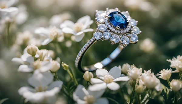 A sparkling sapphire ring is showcased amidst a vibrant floral arrangement.