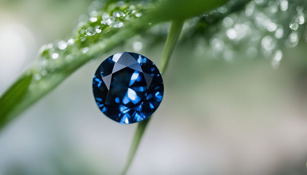 A sparkling sapphire gemstone amidst lush green leaves in nature.