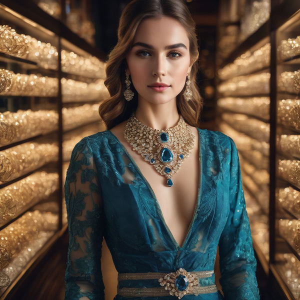 A woman wearing a stunning blue diamond necklace in a luxury jewelry store.