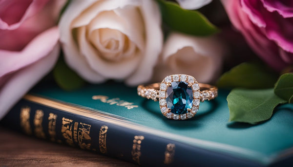 A hand holding an engagement ring against a backdrop of gemology books.