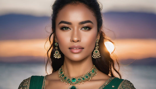 A woman wearing a statement emerald necklace in a luxurious setting.