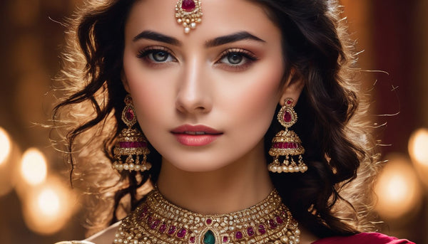 A woman adorned in stunning jewelry and a ruby necklace.