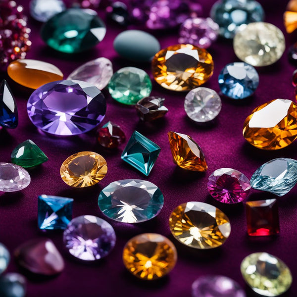 A display of various precious gemstones on a velvet background.