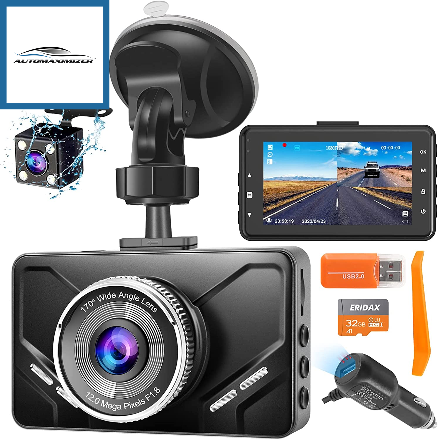 Dash Cam Front and Rear with 32G SD Card, 1080P FHD Dash Camera for Cars  3'' IPS Screen,170°Wide Angle,Zinc Alloy Front Cover,Wdr,G-Sensor,Parking