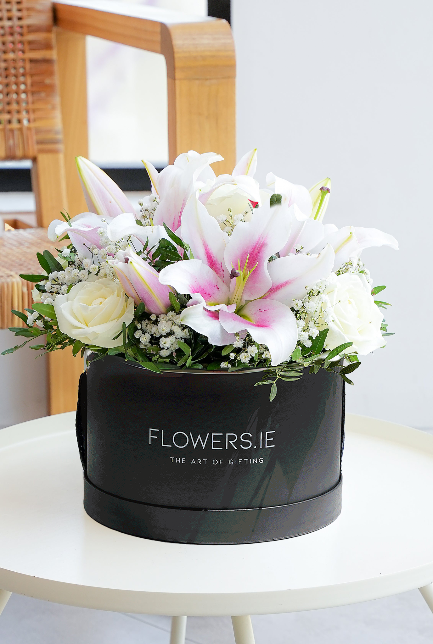 Sympathy White Roses and Pink Lily Hatbox - Flowers.ie product image