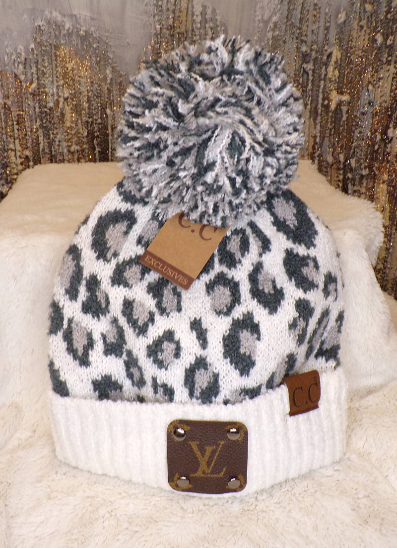 Upcycled LV Leopard Print Beanie with Pom Pom